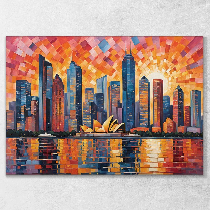 Quadro Moderno Città Astratto Paesaggio Urbano Astratto Al Tramonto Con Teatro Dell'Opera Di Sydney