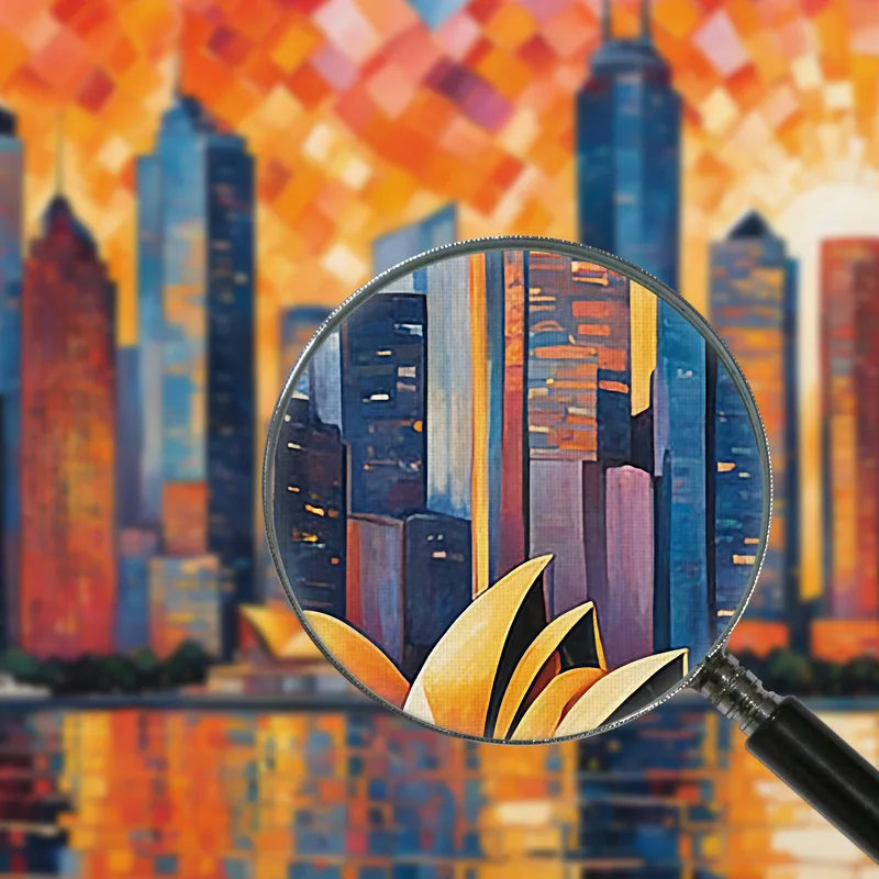 Quadro Moderno Città Astratto Paesaggio Urbano Astratto Al Tramonto Con Teatro Dell'Opera Di Sydney