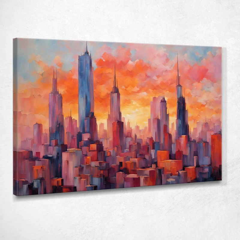 Peinture Moderne Ville Abstraite Skyline Abstraite La Magie D’Une Ville Au Coucher Du Soleil tableau impression sur toile
