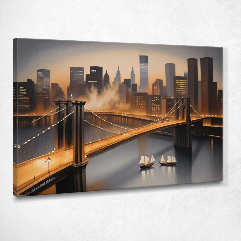 Peinture Moderne Ville Abstraite Horizon De New York Et Pont De Brooklyn Illuminés Au Coucher Du Soleil tableau impression sur toile