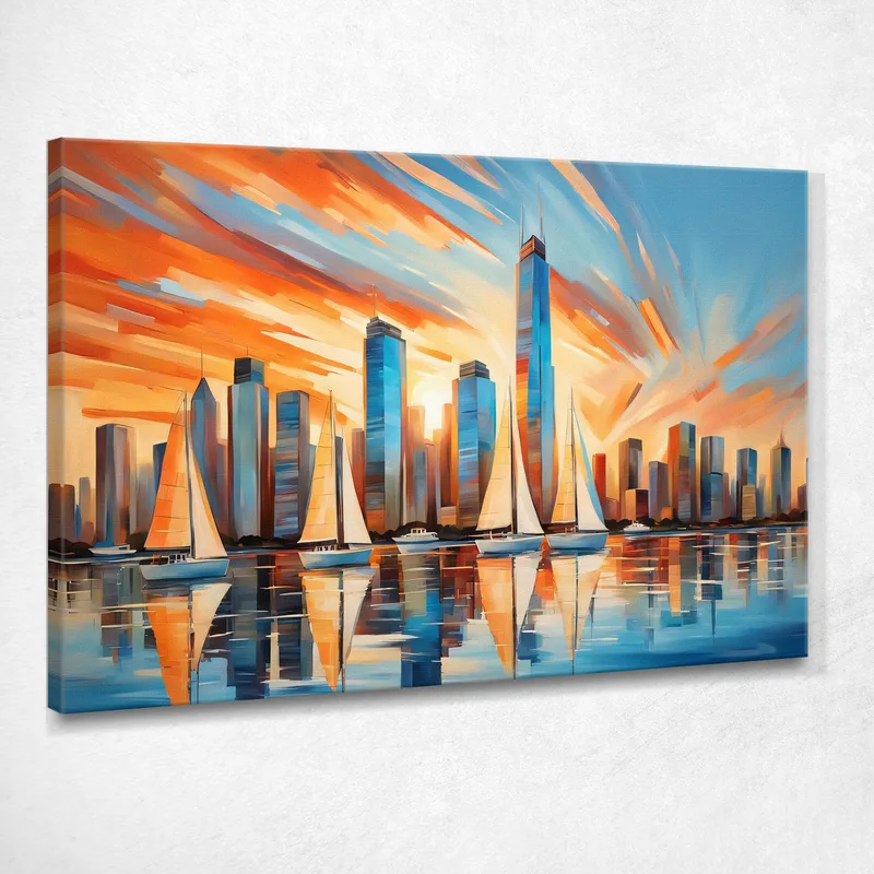Peinture Moderne Ville Abstraite Coucher De Soleil Sur Les Gratte-Ciel De La Ville Moderne Et Les Voiliers tableau impression sur toile