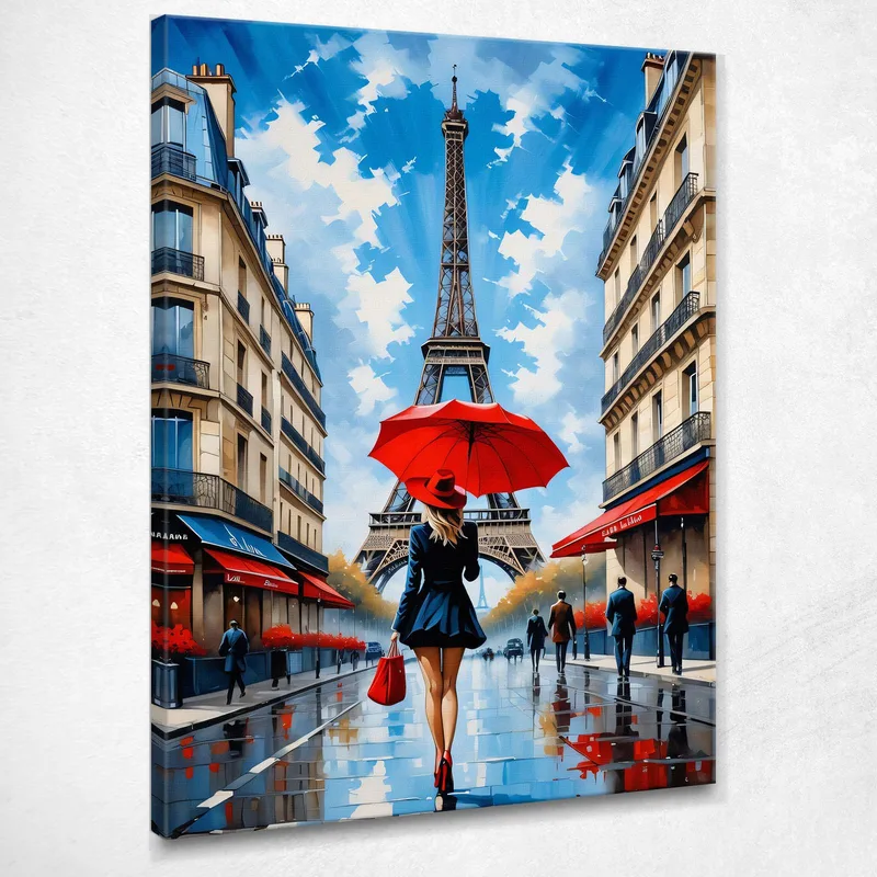 Tableau Moderne Abstrait Ville Chic Femme Au Parapluie Rouge Dans Les Rues De Paris Et Vue Sur La Tour Eiffel tableau impression sur toile