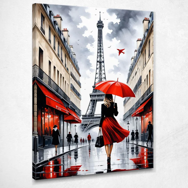 Peinture Moderne Ville Abstraite Femme Élégante Avec Parapluie Rouge Marchant À Paris Avec La Tour Eiffel tableau impression sur toile