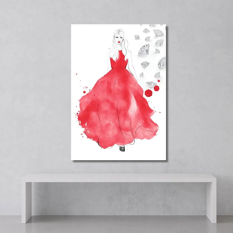 Pintura Mujer Vestido Rojo Ilustración Moda Lujo Fashion