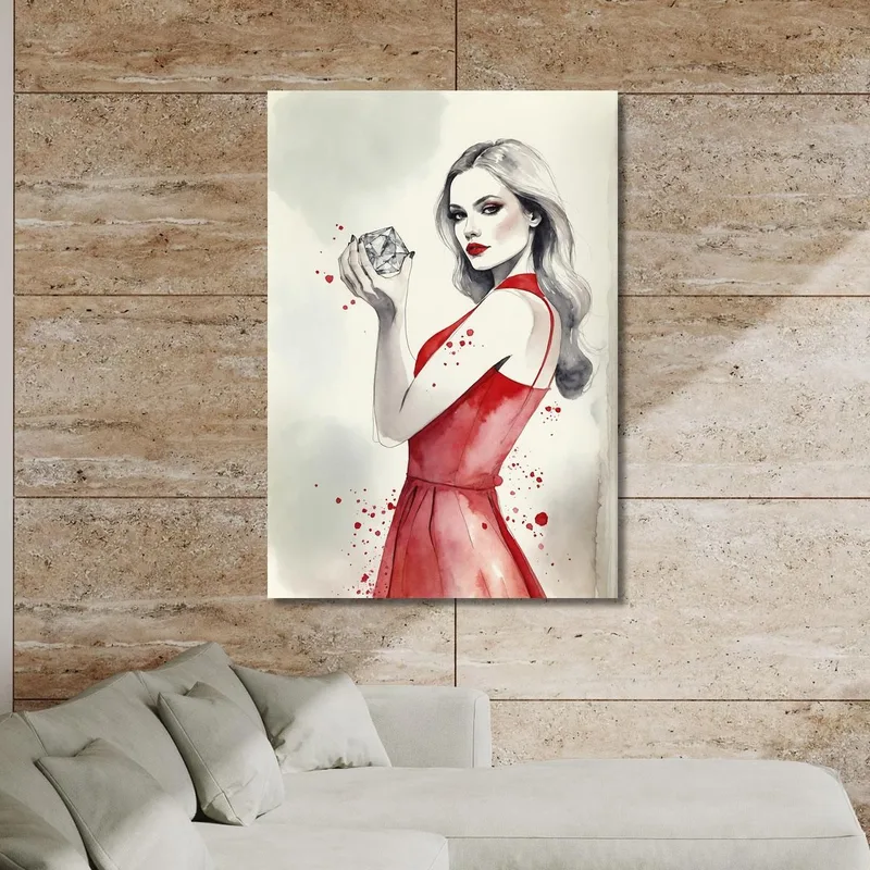 Painting Elegant Woman Red Dress With Diamond Watercolor Drawing Artistic Fashion
