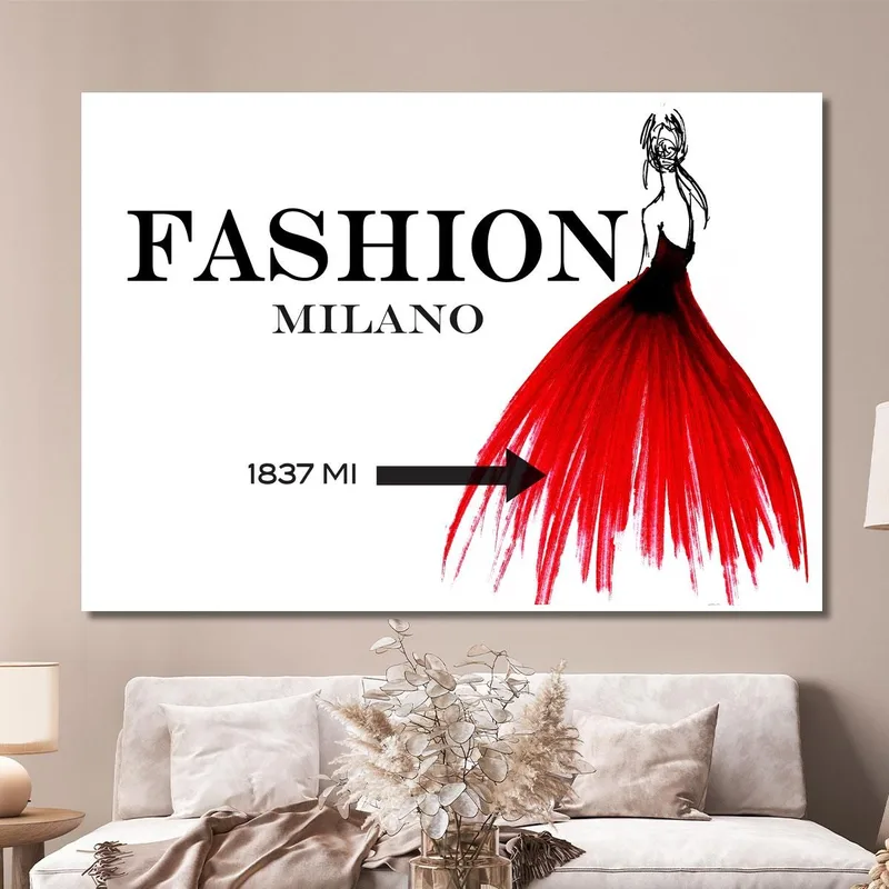 Milan Fashion Painting Sketch Red Dress Elegant Woman Fashion