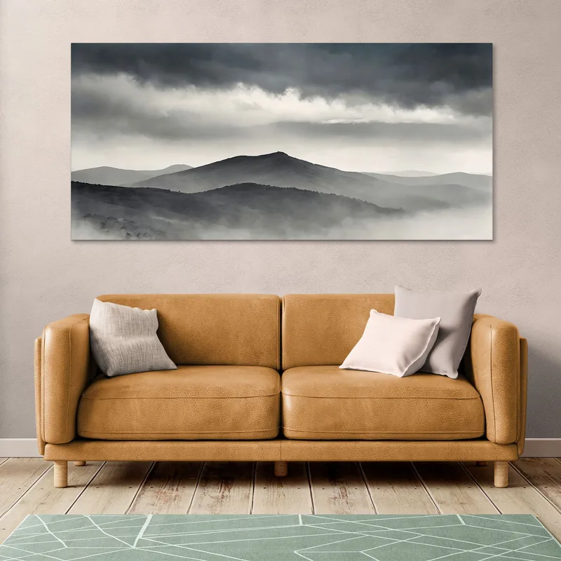 Pintura De Paisaje Abstracto Paisaje Montañoso Brumoso Con Colinas Grises Y Cielo Oscuro