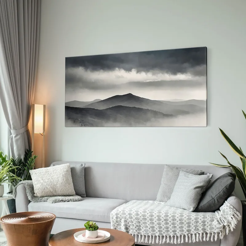 Pintura De Paisaje Abstracto Paisaje Montañoso Brumoso Con Colinas Grises Y Cielo Oscuro