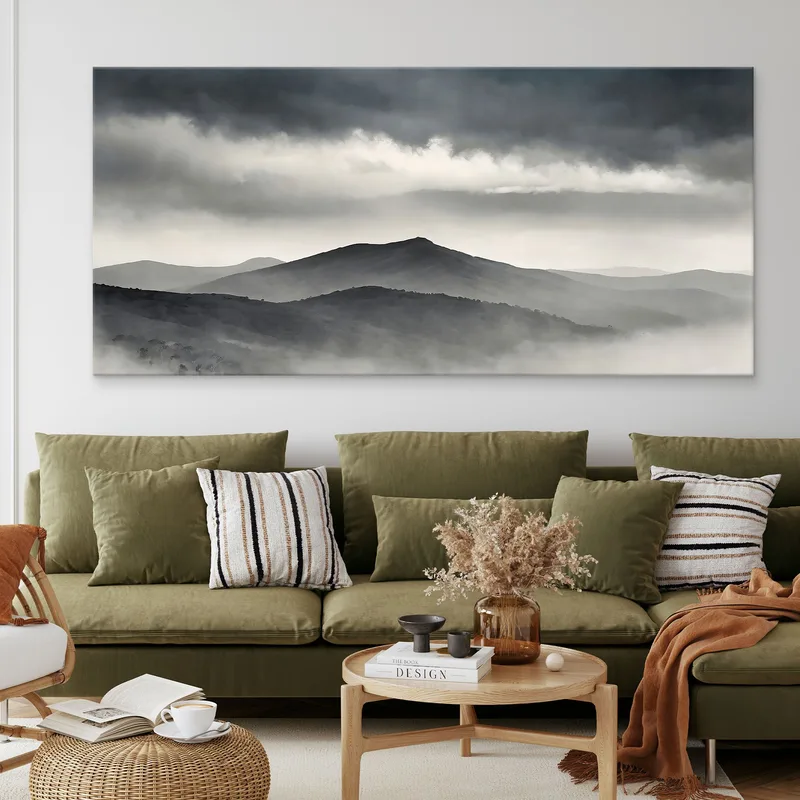 Pintura De Paisaje Abstracto Paisaje Montañoso Brumoso Con Colinas Grises Y Cielo Oscuro