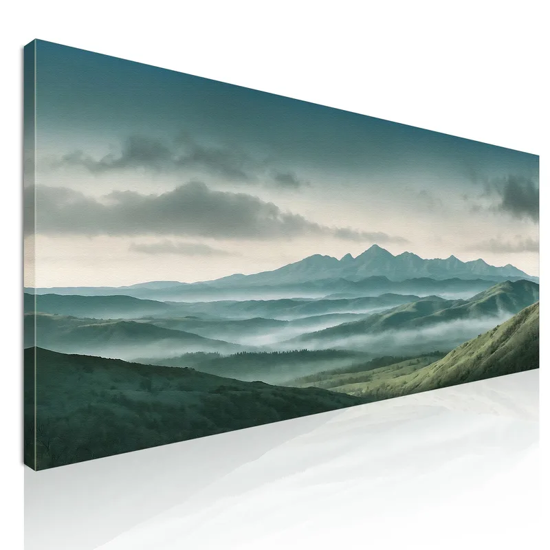Peinture De Paysage Abstraite Paysage Montagneux Brumeux Avec Collines Verdoyantes Et Ciel Nuageux tableau impression sur toile