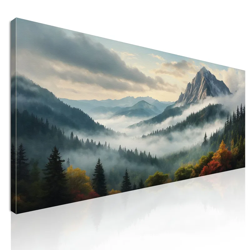 Pintura De Paisaje Abstracto Paisaje Montañoso Brumoso Con Bosque Otoñal Y Picos Nevados
