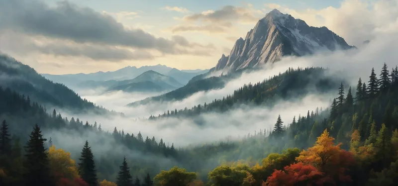 Pintura De Paisaje Abstracto Paisaje Montañoso Brumoso Con Bosque Otoñal Y Picos Nevados