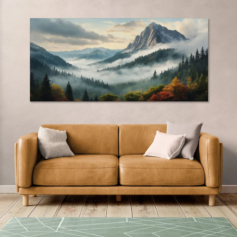 Pintura De Paisaje Abstracto Paisaje Montañoso Brumoso Con Bosque Otoñal Y Picos Nevados