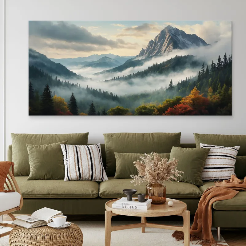Pintura De Paisaje Abstracto Paisaje Montañoso Brumoso Con Bosque Otoñal Y Picos Nevados