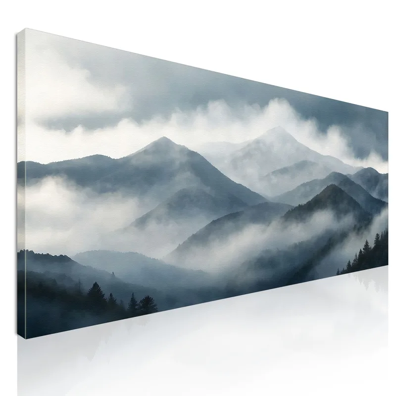 Pintura De Paisaje Abstracto Paisaje Montañoso Brumoso Con Picos Grises Y Bosque