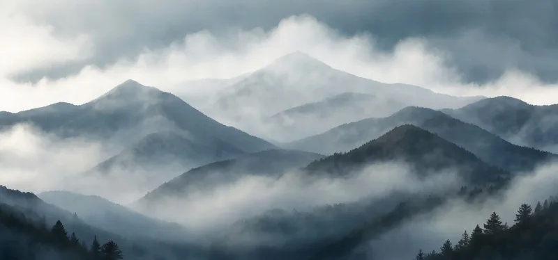 Pintura De Paisaje Abstracto Paisaje Montañoso Brumoso Con Picos Grises Y Bosque