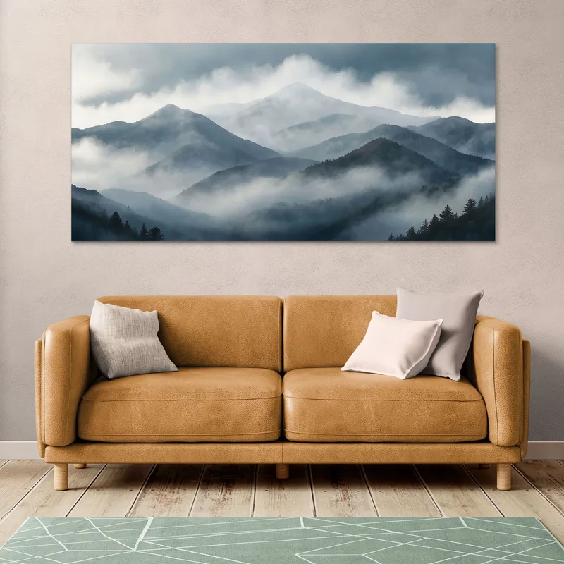 Pintura De Paisaje Abstracto Paisaje Montañoso Brumoso Con Picos Grises Y Bosque
