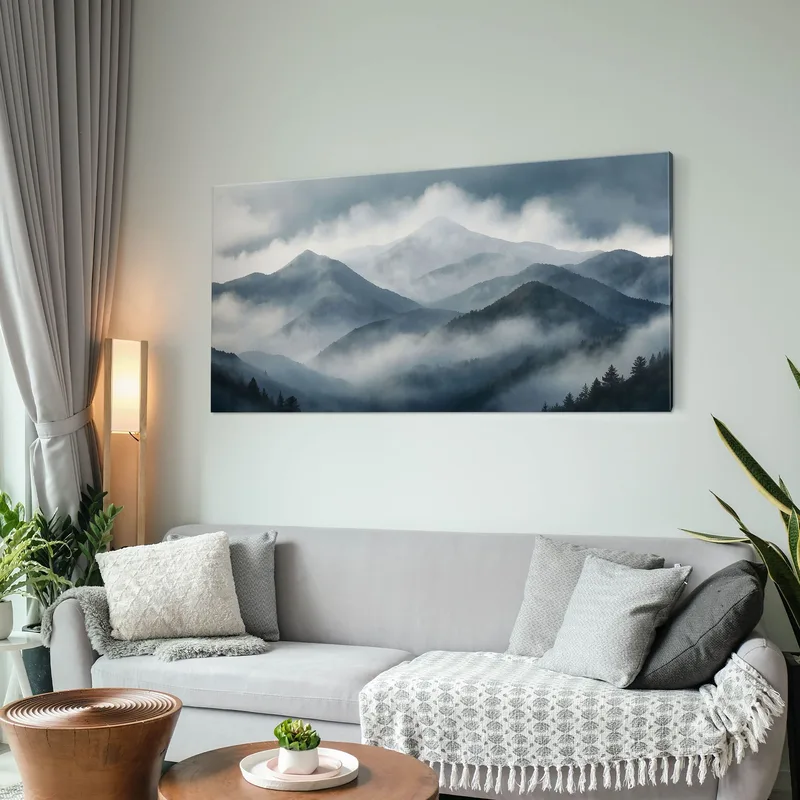 Pintura De Paisaje Abstracto Paisaje Montañoso Brumoso Con Picos Grises Y Bosque