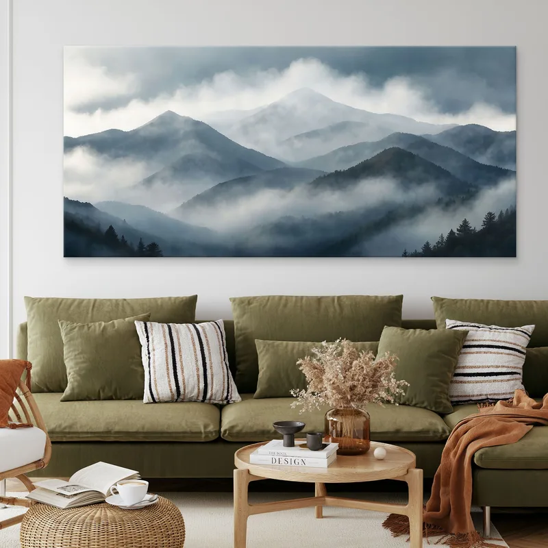 Pintura De Paisaje Abstracto Paisaje Montañoso Brumoso Con Picos Grises Y Bosque