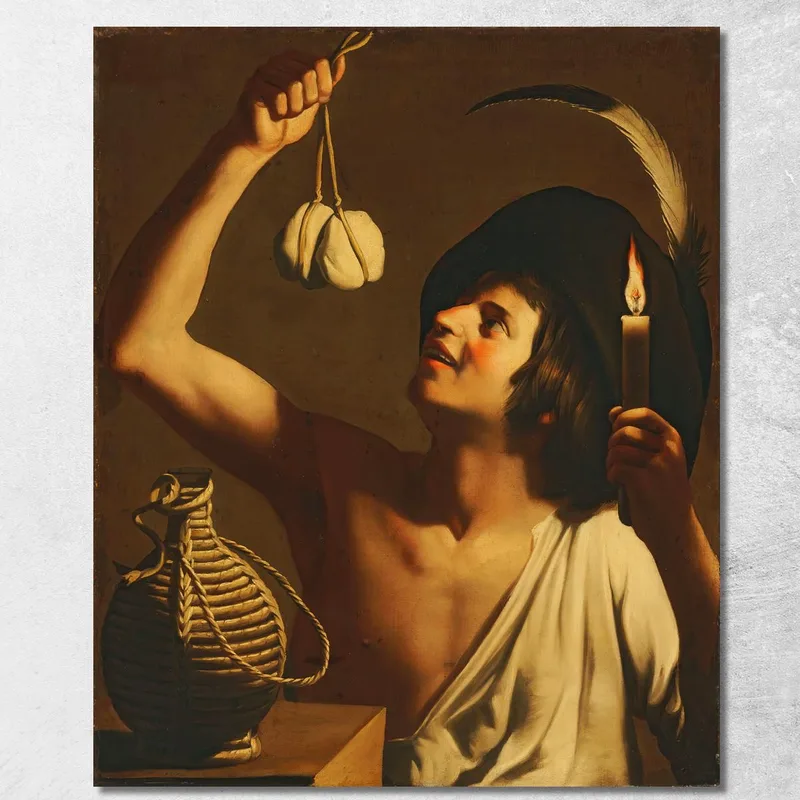 Un Giovane Con In Mano Una Candela Accesa E Una Scamorza Con Accanto Una Bottiglia Di Fiasco Gerard van Honthorst quadro stampa su tela