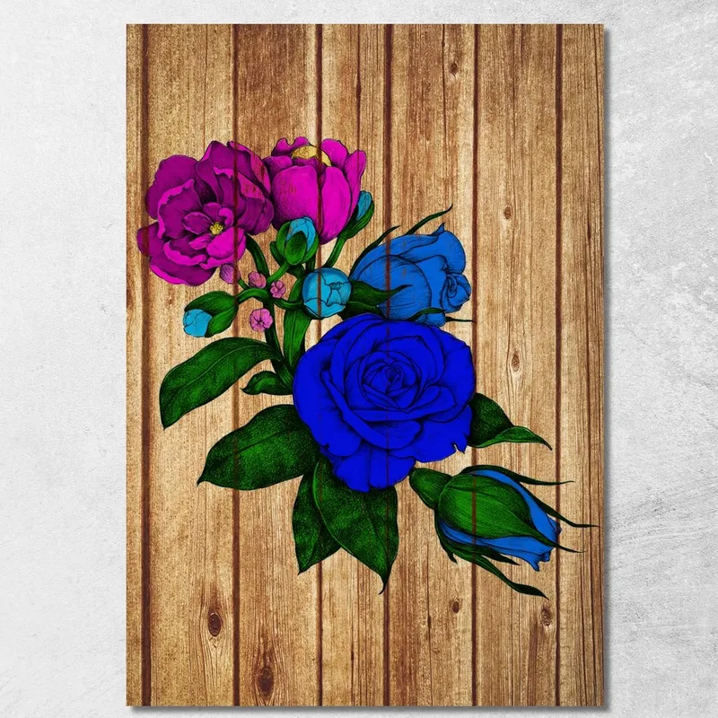 Blaue Und Rosa Blumen Malerei Auf Holz, Modernes Abstraktes Blumengemälde drucken auf leinwand