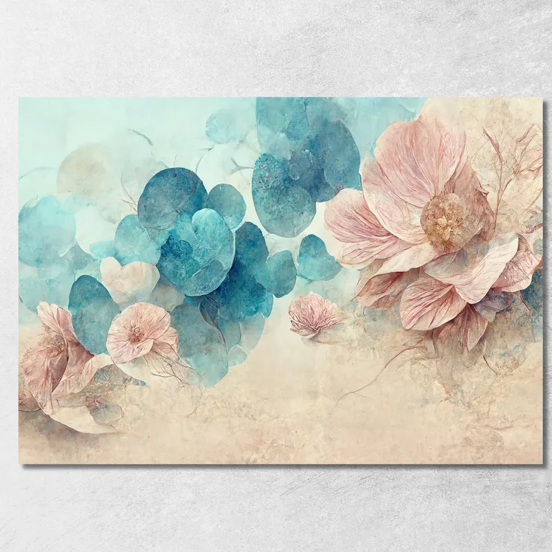 Gemälde Blumen In Rosa- Und Hellblautönen, Modernes Gemälde Abstrakte Blumen drucken auf leinwand