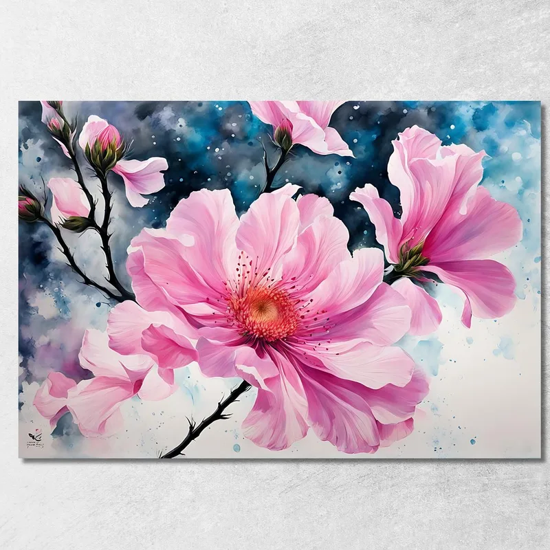 Rosa Magnoliengemälde Mit Abstrakten Details, Modernes Abstraktes Blumengemälde drucken auf leinwand