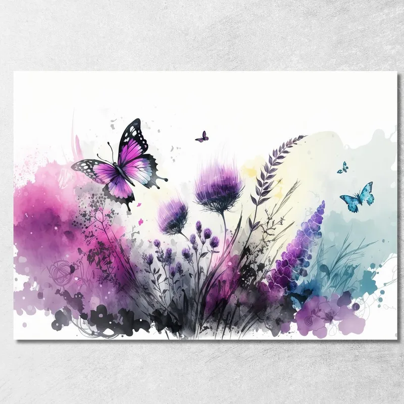 Minimalistisches Gemälde Lila Blumen Und Schmetterlinge, Modernes Gemälde Abstrakte Blumen drucken auf leinwand