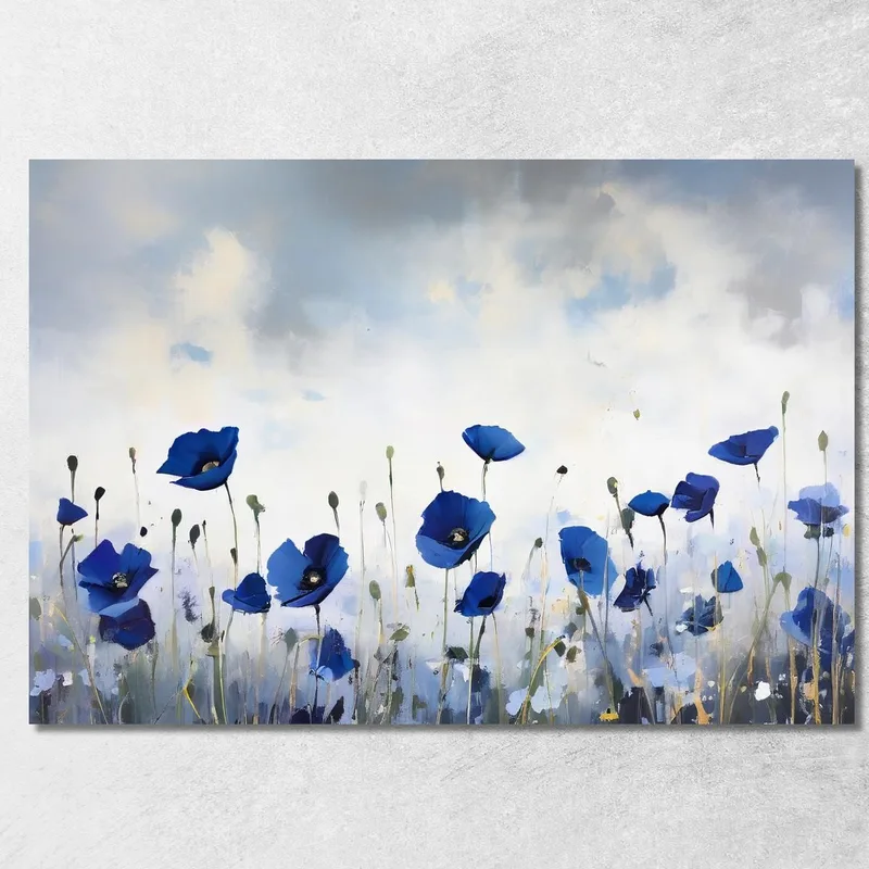 Blaue Mohnblumen Malerei Auf Schwarzem Und Weißem Hintergrund, Moderne Abstrakte Blumen Malerei drucken auf leinwand