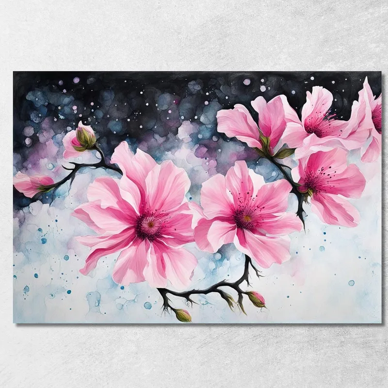 Malerei Zweige Mit Rosa Blumen Auf Abstraktem Aquarell-Hintergrund, Moderne Malerei Abstrakte Blumen drucken auf leinwand