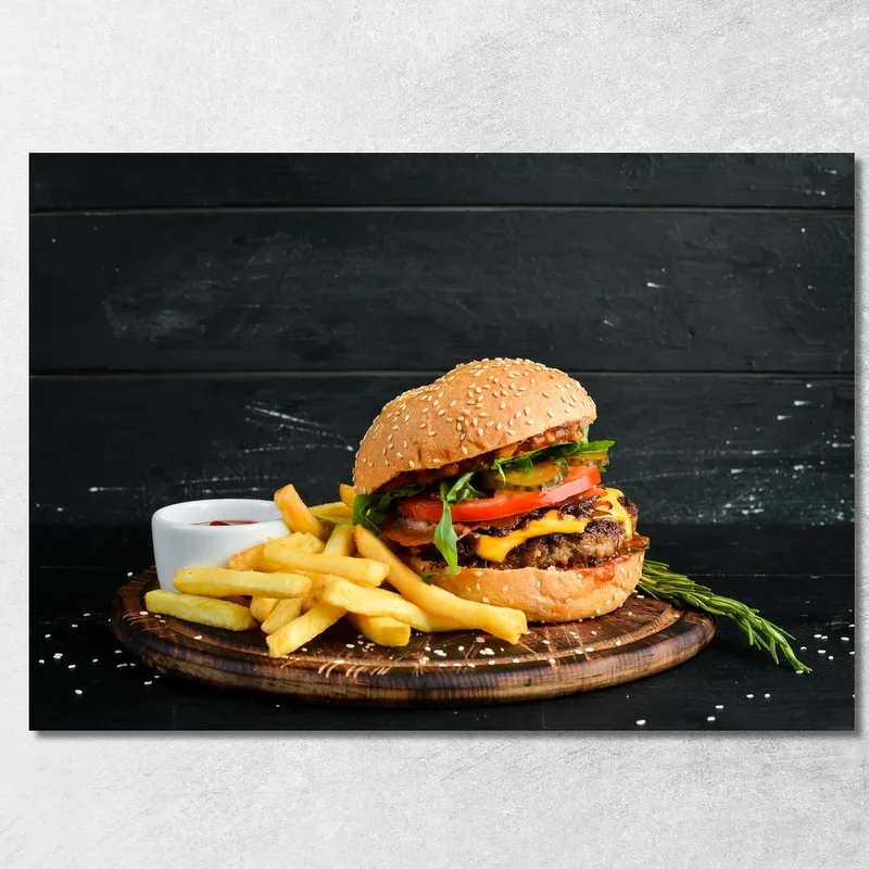 Quadro Moderno Burger Gourmet Con Patatine Croccanti E Salsa Ketchup quadro stampa su tela
