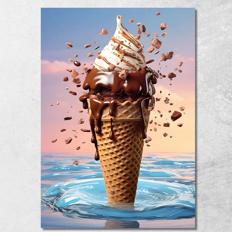 Pintura Moderna Helado De Chocolate Con Cobertura Crujiente Y Caramelo Sobre Fondo Artístico