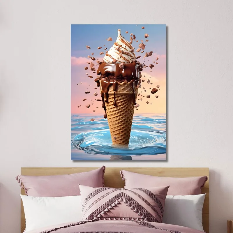 Pintura Moderna Helado De Chocolate Con Cobertura Crujiente Y Caramelo Sobre Fondo Artístico