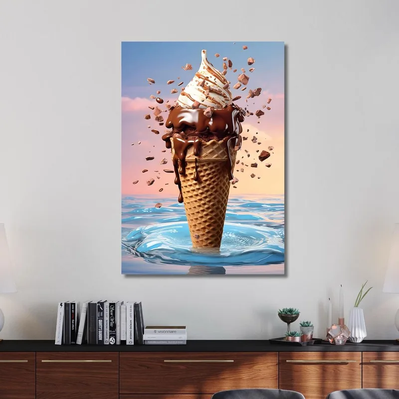 Pintura Moderna Helado De Chocolate Con Cobertura Crujiente Y Caramelo Sobre Fondo Artístico