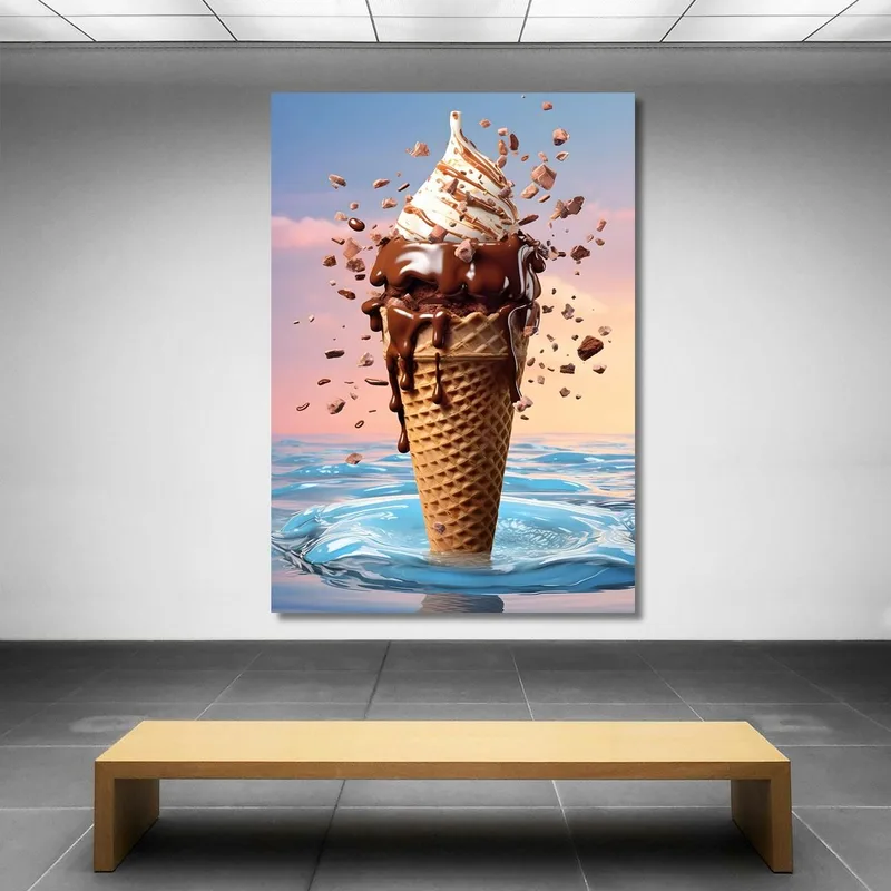 Pintura Moderna Helado De Chocolate Con Cobertura Crujiente Y Caramelo Sobre Fondo Artístico