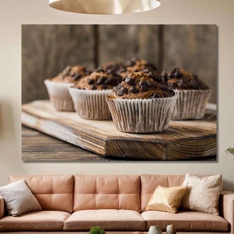 Muffin De Chocolate Con Gotas De Chocolate Negro Sobre Tabla De Cortar Rústica Con Pintura Moderna