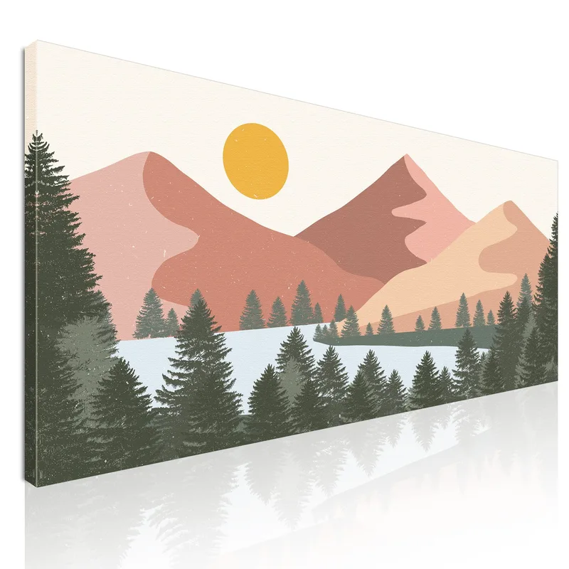 Boho Chic Painting Landscape Illustration Colorful Mountainous Landscape With Sun And Modern Forest canvas print