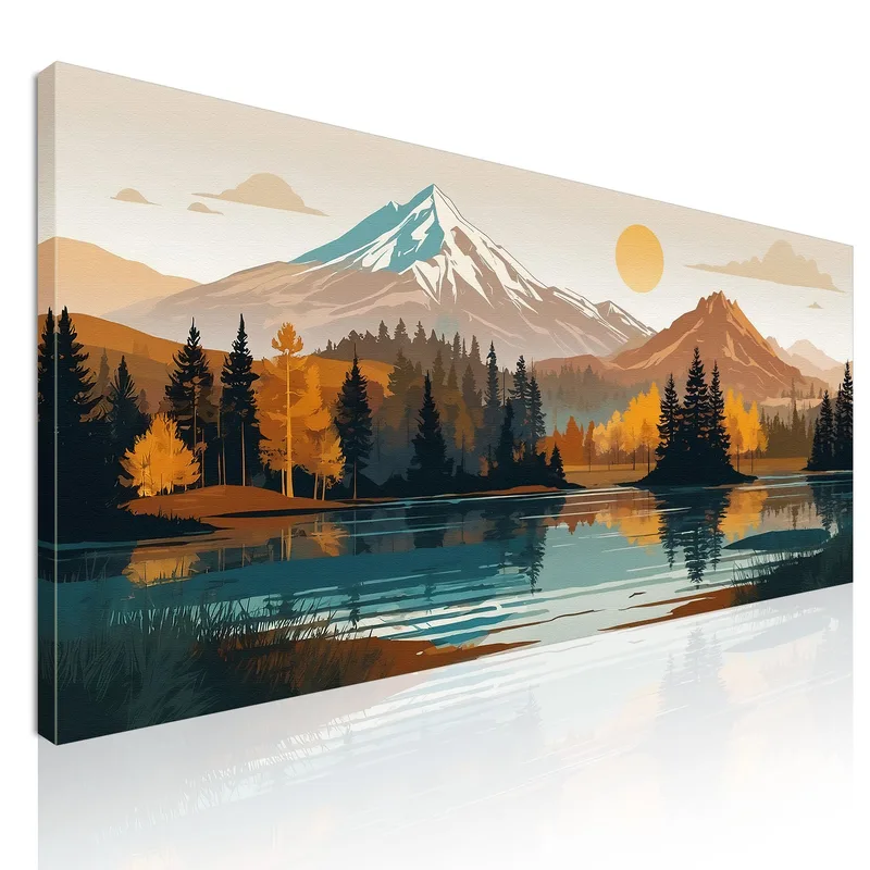 Boho Chic Painting Illustration Landscape Mountain Landscape With Sun Forest And Lake canvas print