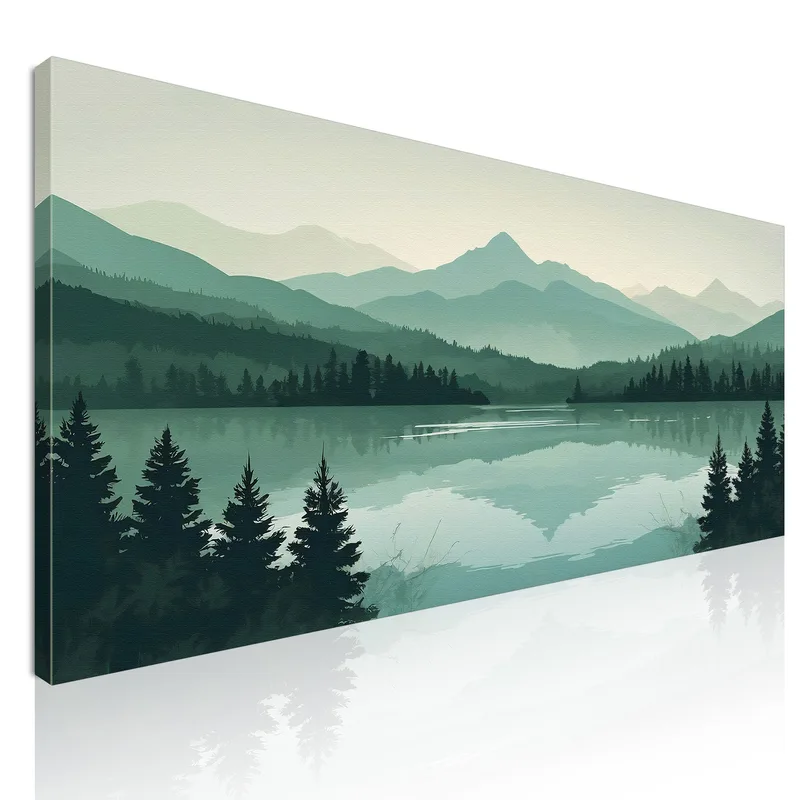 Boho Chic Painting Landscape Illustration Green Mountains With Lake And Forest At Sunset canvas print