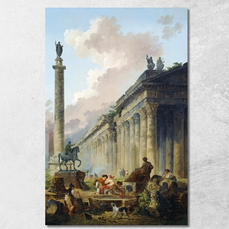 Imaginary View Of Rome With Equestrian Statue Of Marcus Aurelius The Column Of Trajan And A Temple Hubert Robert