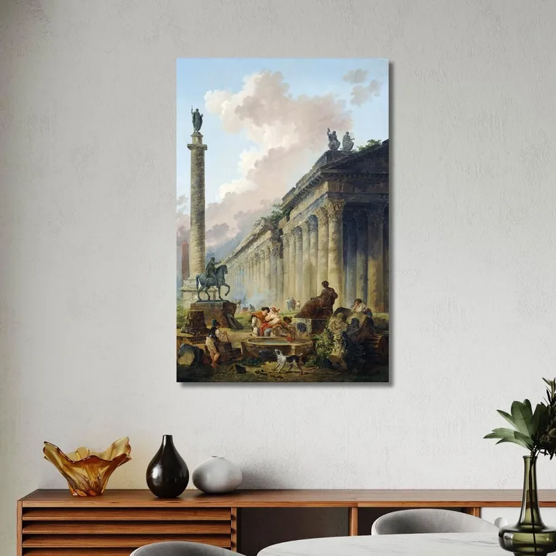 Imaginary View Of Rome With Equestrian Statue Of Marcus Aurelius The Column Of Trajan And A Temple Hubert Robert