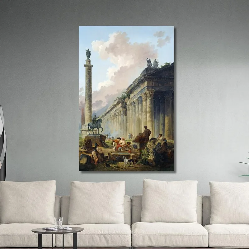 Imaginary View Of Rome With Equestrian Statue Of Marcus Aurelius The Column Of Trajan And A Temple Hubert Robert