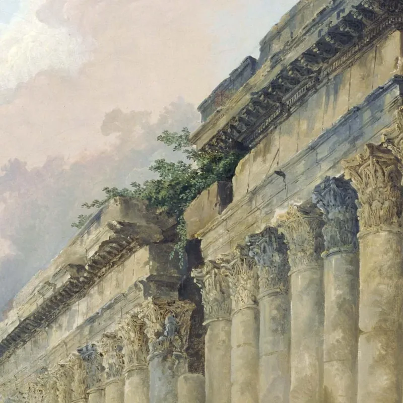 Imaginary View Of Rome With Equestrian Statue Of Marcus Aurelius The Column Of Trajan And A Temple Hubert Robert