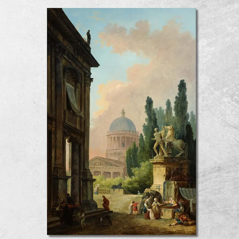 Vista Imaginaria De Roma Con El Domador De Caballos Del Monte Cavallo Y Una Iglesia Hubert Robert