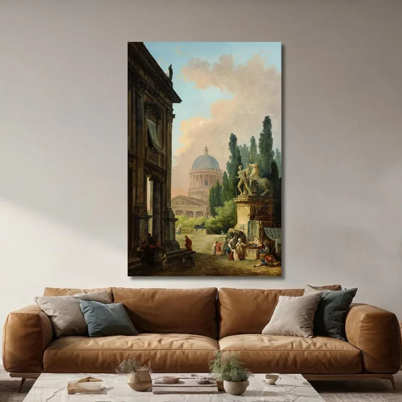 Vista Imaginaria De Roma Con El Domador De Caballos Del Monte Cavallo Y Una Iglesia Hubert Robert