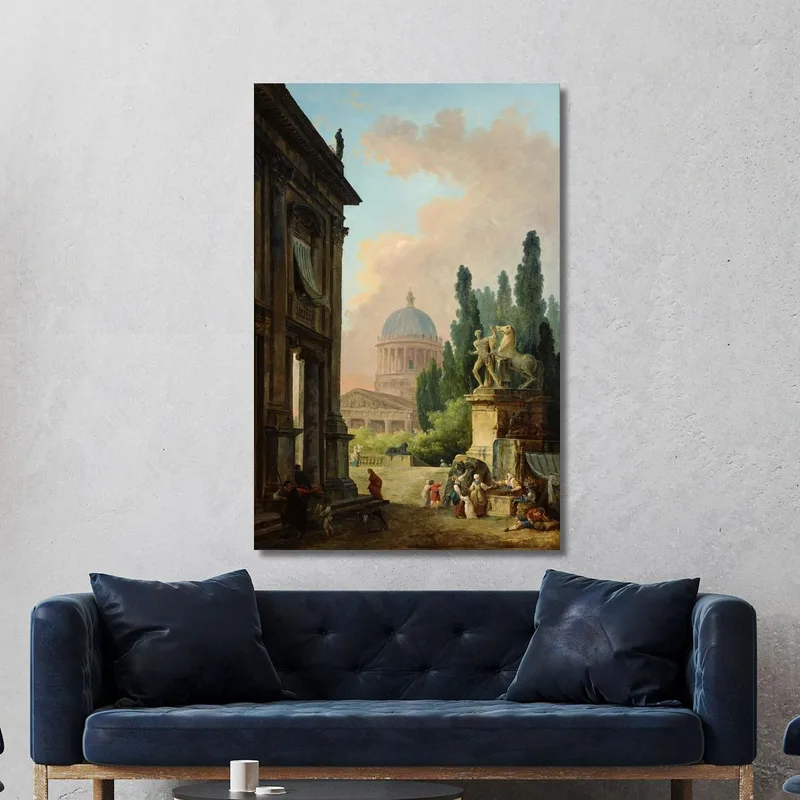 Vista Imaginaria De Roma Con El Domador De Caballos Del Monte Cavallo Y Una Iglesia Hubert Robert