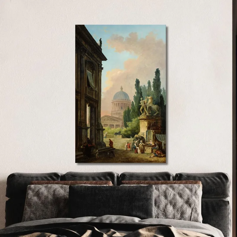 Vista Imaginaria De Roma Con El Domador De Caballos Del Monte Cavallo Y Una Iglesia Hubert Robert
