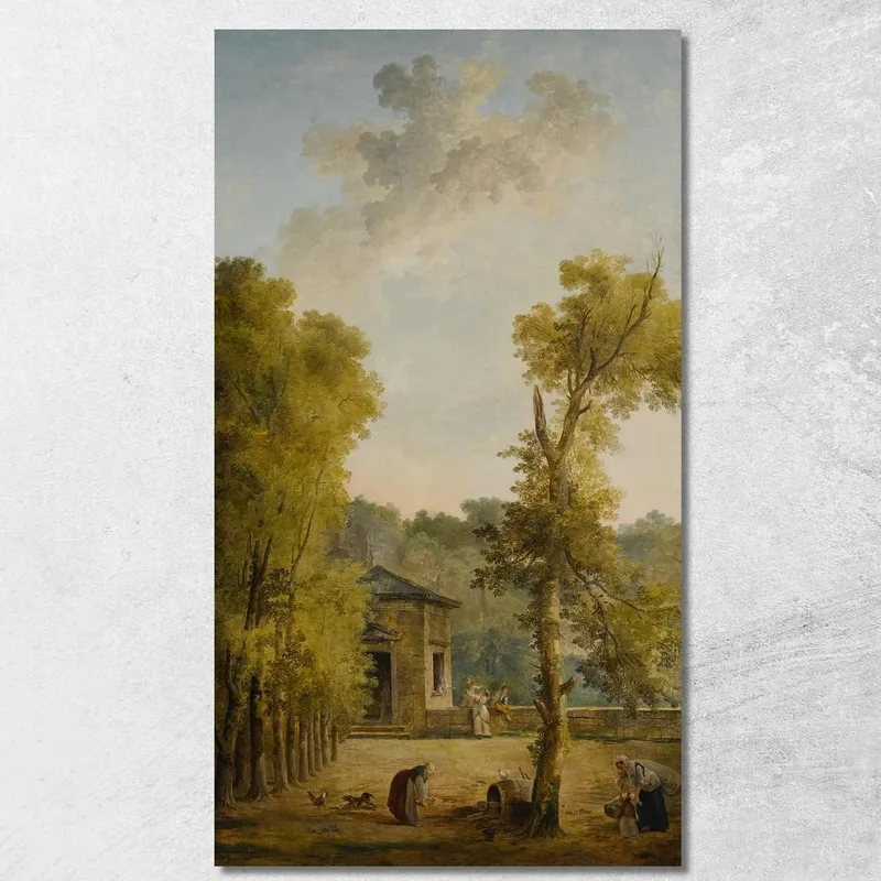 View Of A Walled Garden Courtyard With A Woman Feeding Chickens And Other Figures In The Foreground Hubert Robert
