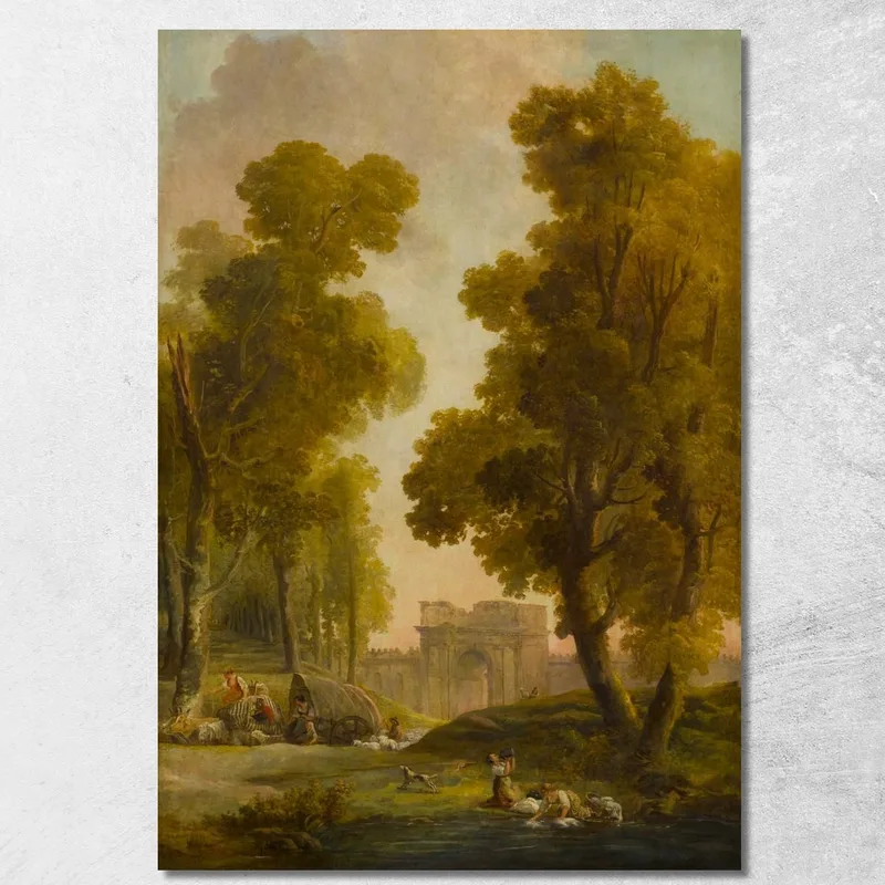 Lavanderas En Un Paisaje Con Un Grupo De Pastores Delante De Una Avenida De Árboles Hubert Robert