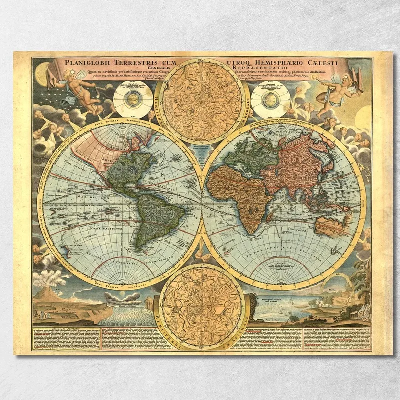 Quadro Mappa Antica Del Mondo Con Emisferi Dettagliati E Illustrazioni Astronomiche quadro stampa su tela